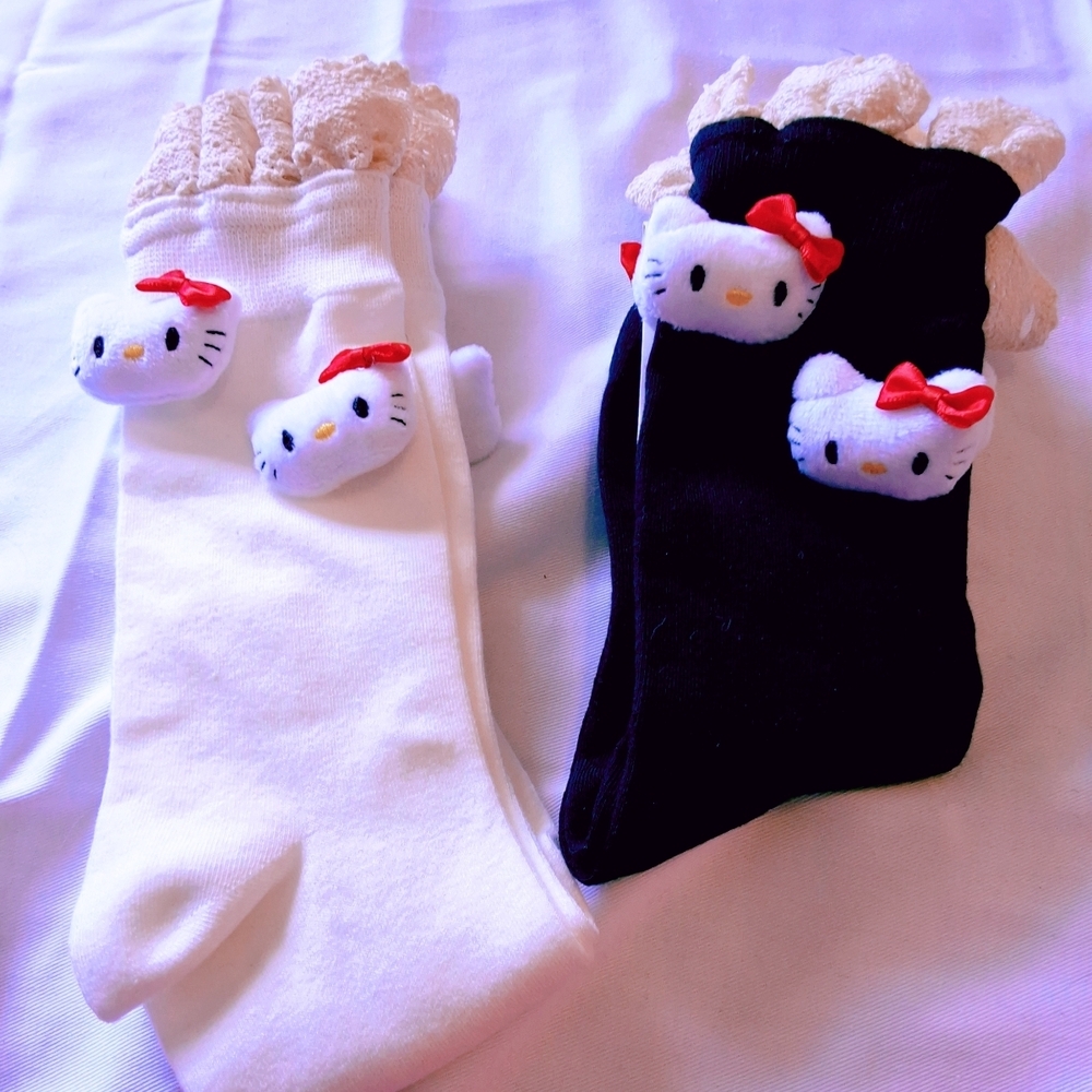 2 Pairs Hello Kitty Black and White Socks with Plush Details